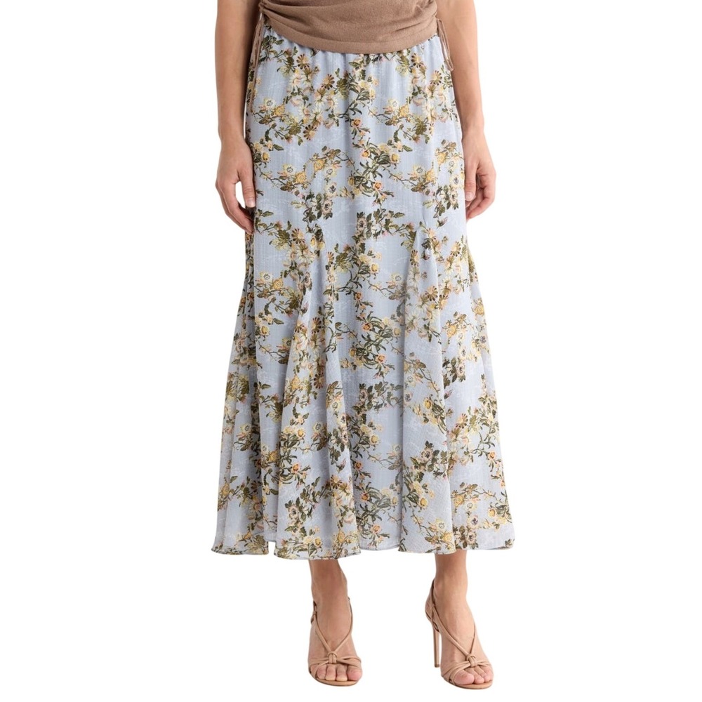 NEW Max Studio London Floral Georgette Godet Maxi Skirt XS Light Blue Multi Boho